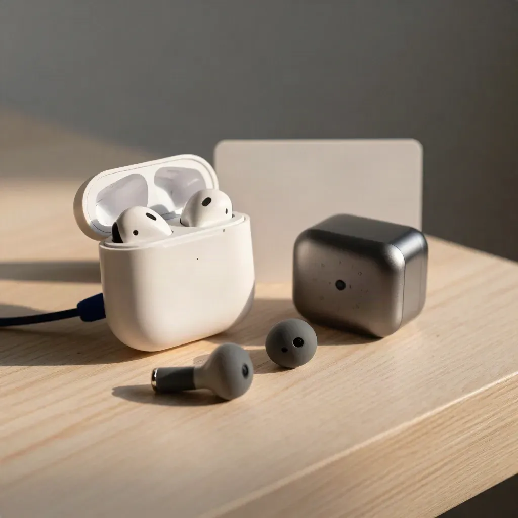 Call-Prep-Cluster mit In-Ear-Case, Timer-Würfel und Karten auf hellem Holz.