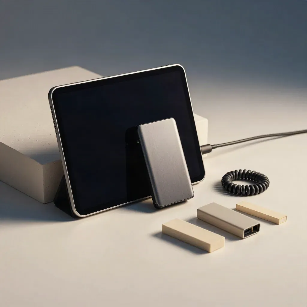 Tablet, Speicher und Kabel auf hellem Putz, sanftes Licht, ruhige Umsetzung