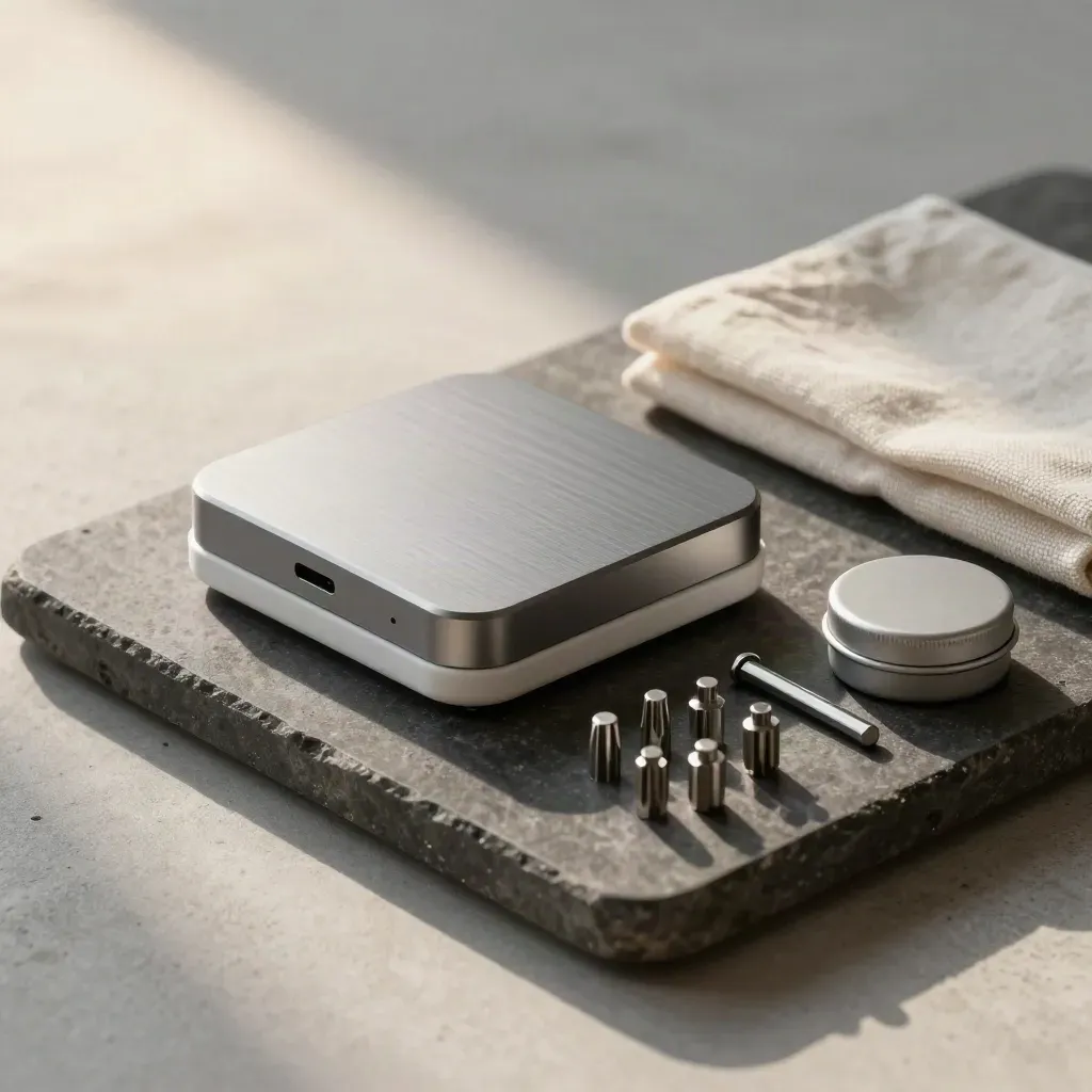 Backup-Drive, Phone-Dock und Wartungs-Set auf Steintray mit sanftem Seitenlicht.