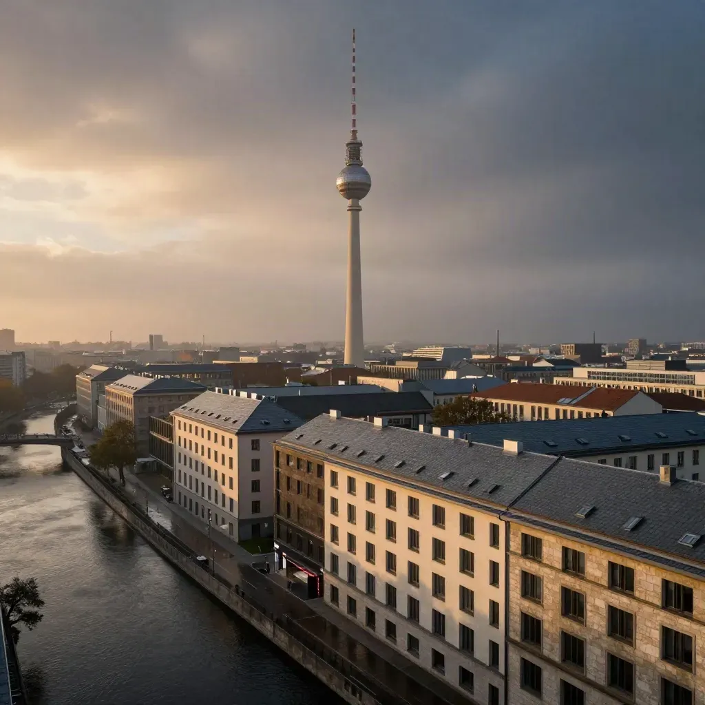 Berliner Fernsehturm über Dächern und Spree im blauen Abendlicht nach Regen