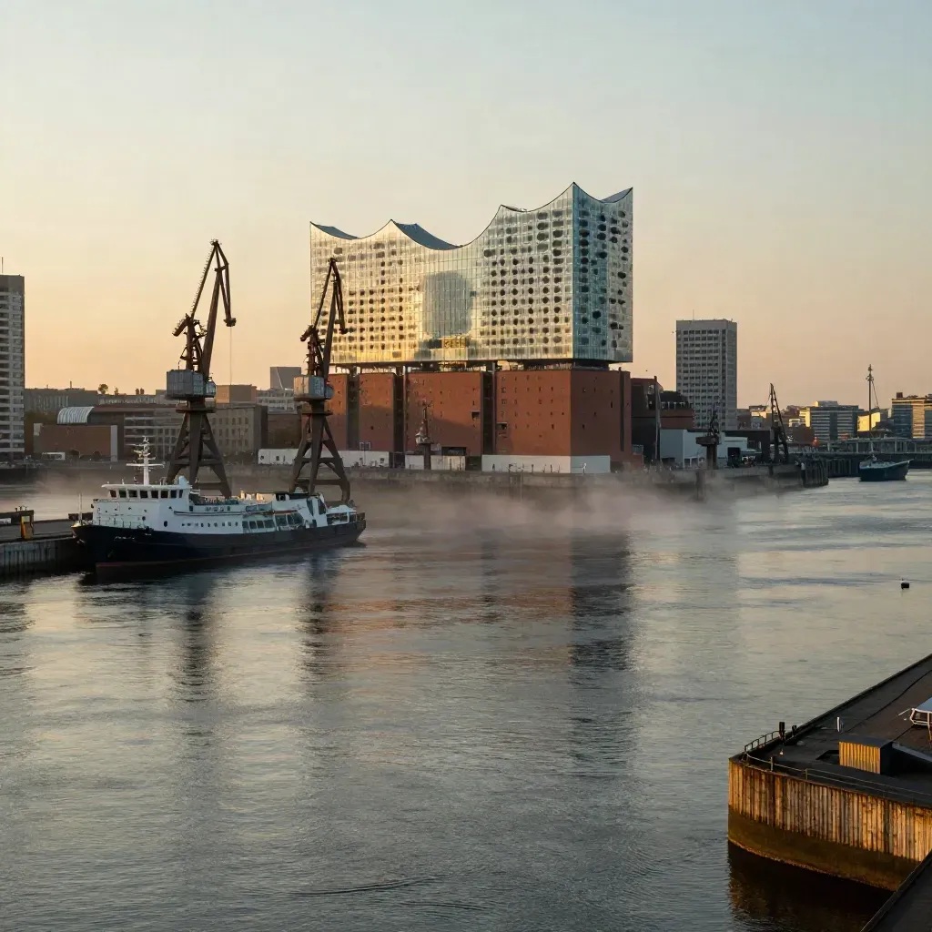 Hamburger Hafen mit Elbphilharmonie, Kränen und Nebel im warmen Abendlicht
