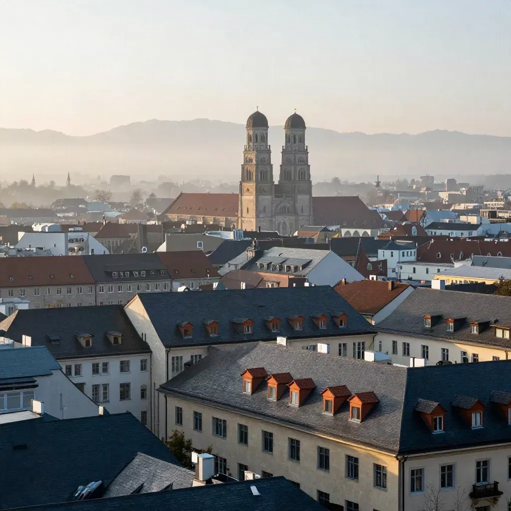 Münchner Dächer im Morgenhaze mit Domtürmen und ferner Alpenlinie.