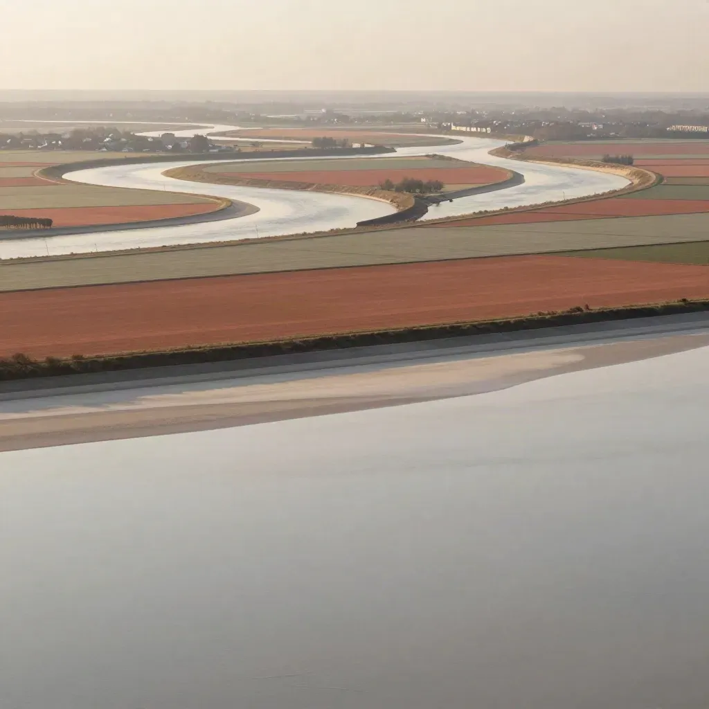Ruhige Deutschland-Horizontszene mit Flussbögen, Dachlinien und Feldern im warmen Dunst