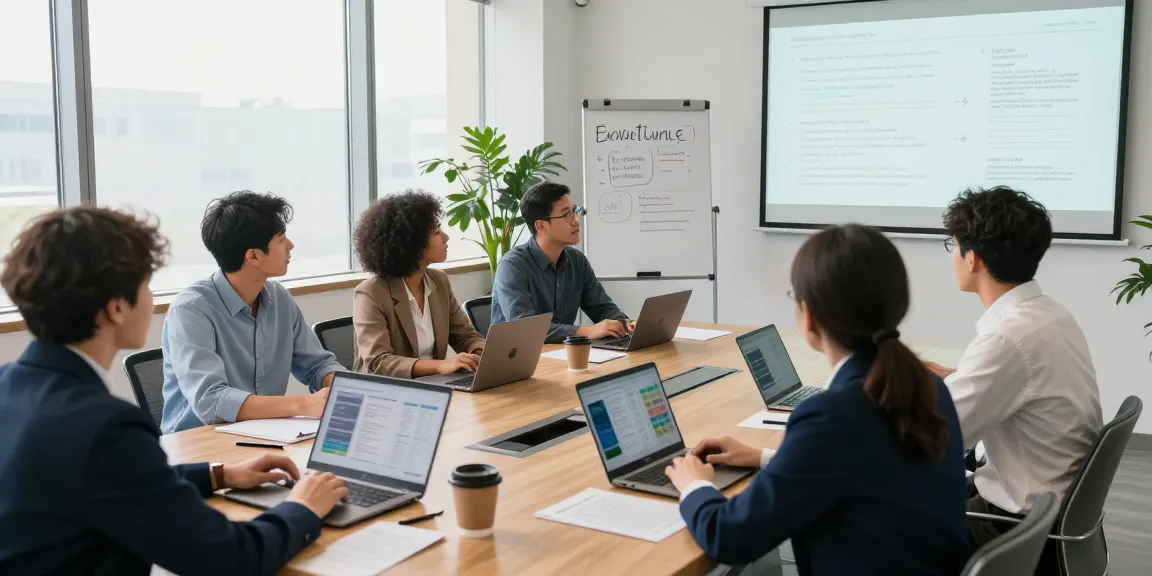 In der Büroszene zur Arbeitskultur bewerten diskutieren Fachleute über Führung und Unternehmensfeedback.