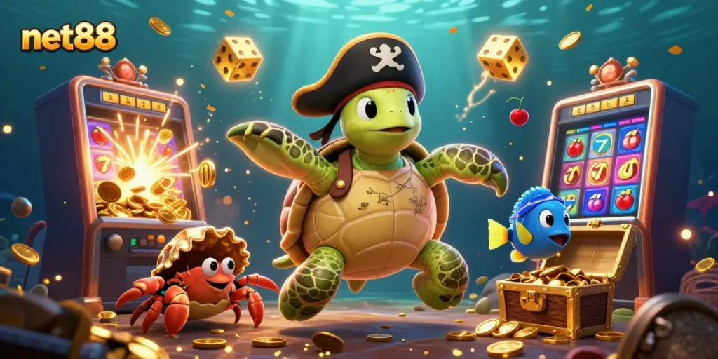 Experience the excitement of net88 with a vibrant underwater casino scene featuring a turtle and treasures.