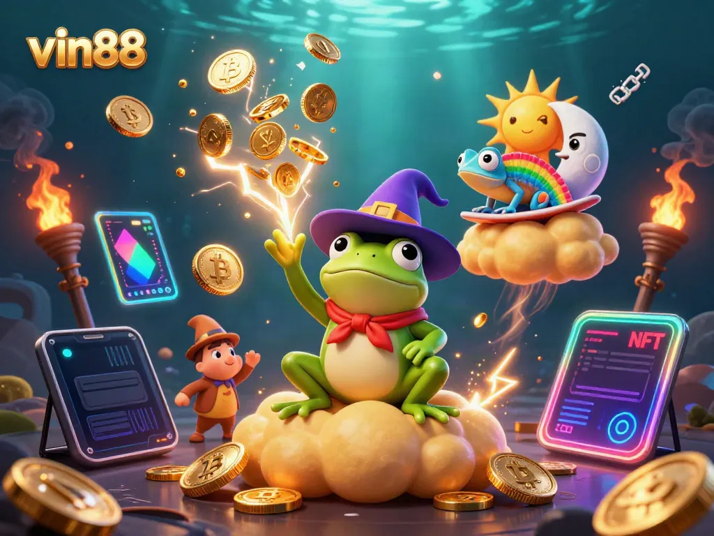 Experience vin88's thrilling gaming environment with cartoon characters celebrating a golden coin storm.