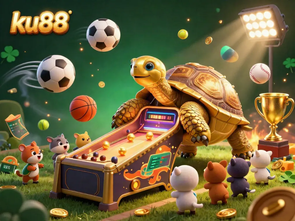 Join the excitement of ku88 gaming, featuring a golden tortoise pinball machine with sports elements and animated small animals.