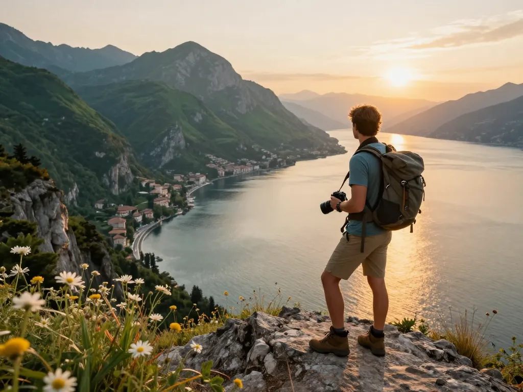 Entdecken Sie Gardasee Reisetipps, während Sie die atemberaubenden Sonnenuntergangsansichten über den Gardasee genießen.