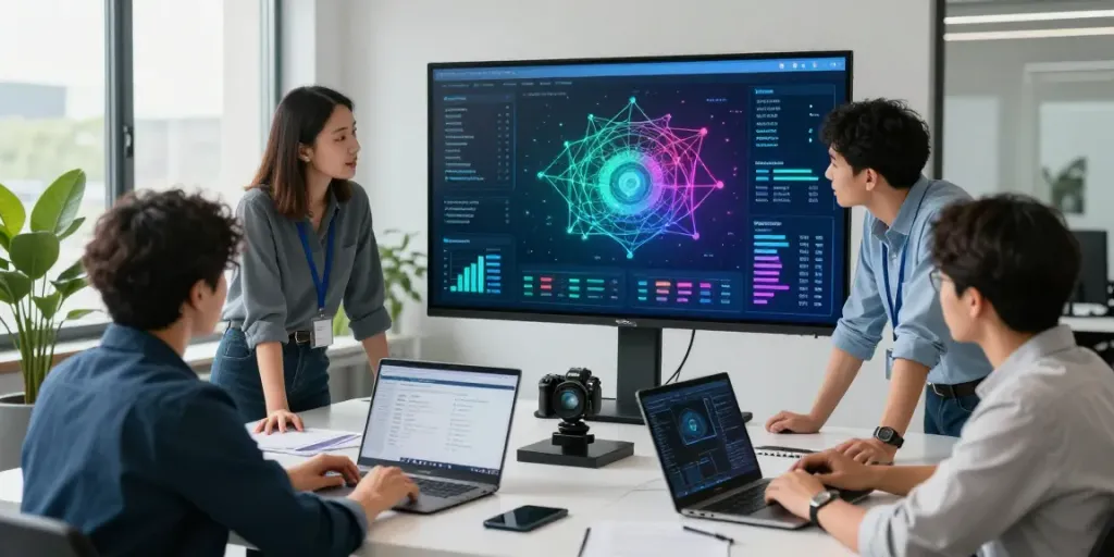 IT Sicherheit für KMU: Professionelles IT-Sicherheitsteam diskutiert in modernem Büro über Netzwerksicherheit und Bedrohungserkennung.