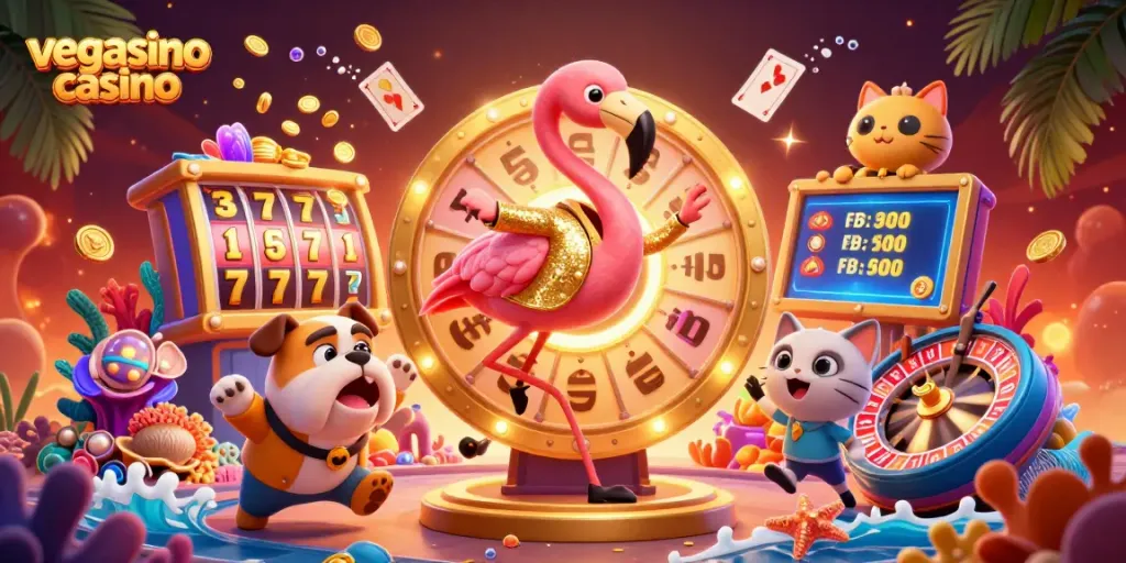 Spin the giant prize wheel at vegasino casino, surrounded by colorful slot reels and gold coins.
