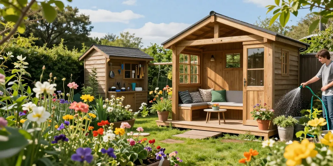 Gartenhaus kaufen: Schönes Gartenhaus umgeben von Blumen und Sitzbereich in sonniger Atmosphäre.
