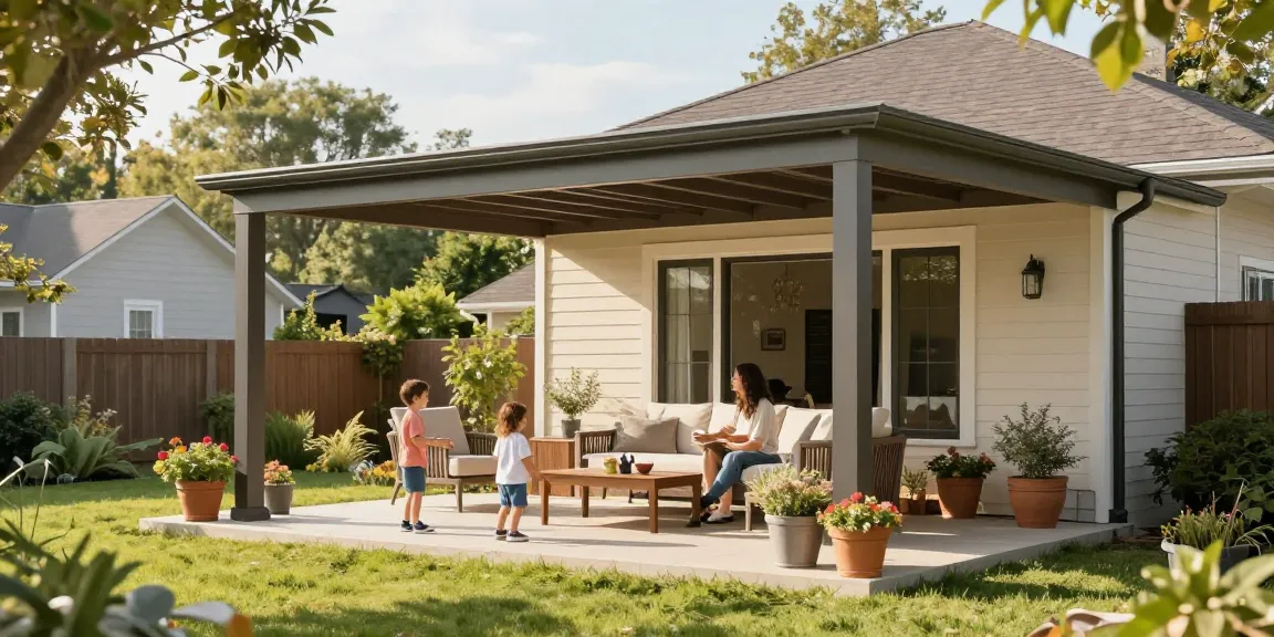 Freistehende Terrassenüberdachung in einem einladenden Garten, Familienmoment im Freien