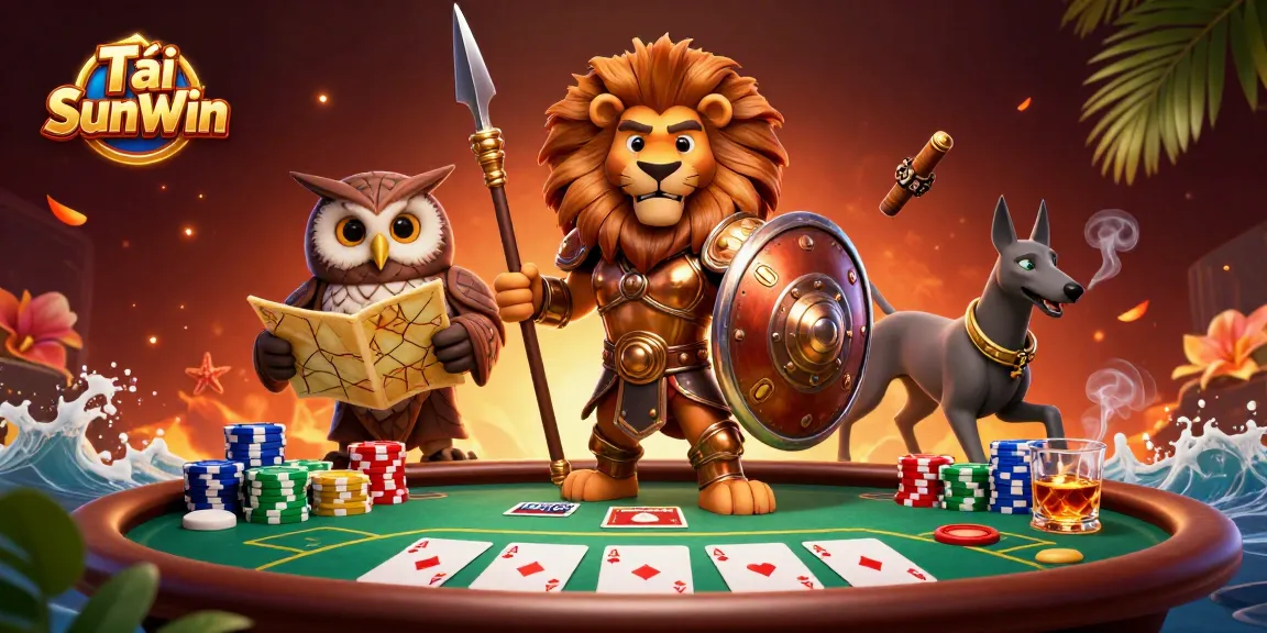 Tải SunWin leads intense poker action with a Spartan lion, tactical owl, and swift greyhound in vibrant casino setting.
