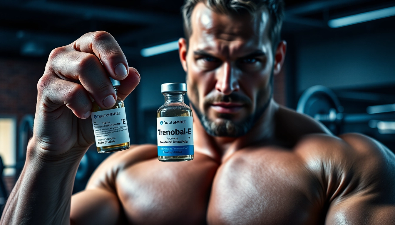 Trenobal-E Trenbolone Enathate in the hands of a focused bodybuilder, showcasing strength.