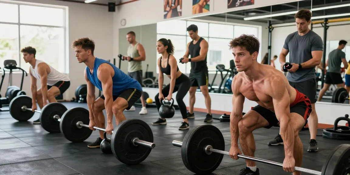 Im Selliza Shop engagierte Sportler trainieren mit Hochleistungsausrüstung in hellem, modernem Fitnessstudio.