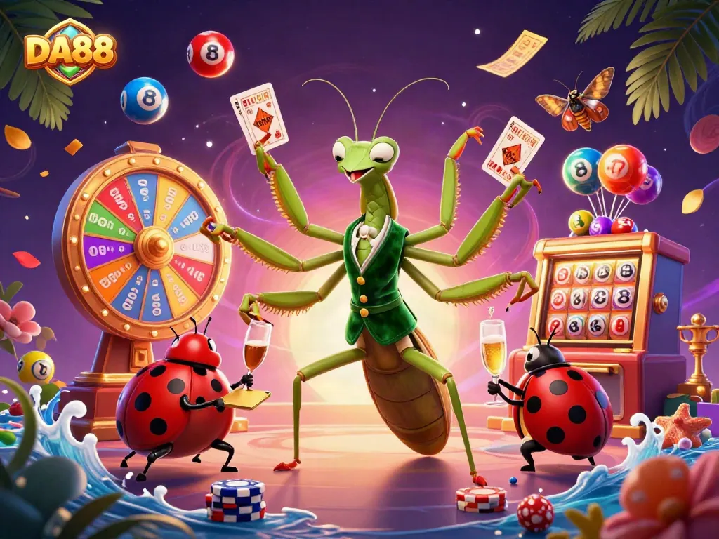 Experience thrilling gameplay at DA88 as the giant mantis deals cards and pours champagne in a vibrant casino scene.