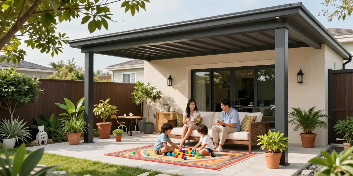 Moderne Terrassenüberdachung im Garten mit spielenden Kindern und entspannenden Eltern