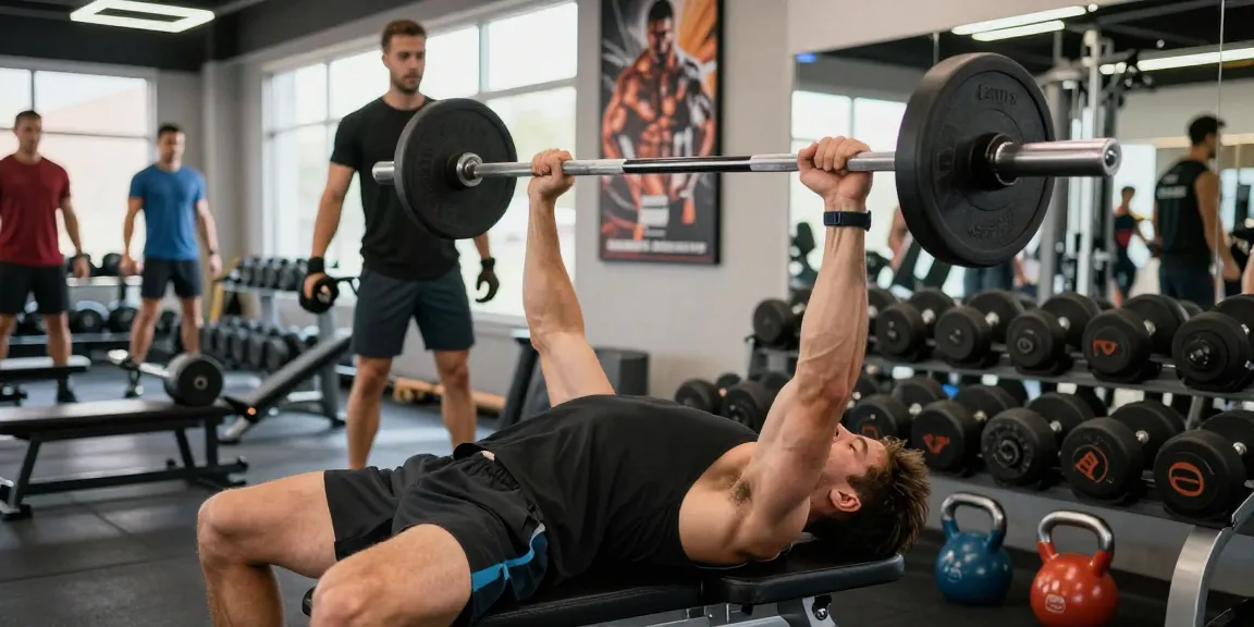 Medi Pharma Steroid Shop: Athletischer Mann im Fitnessstudio beim Bankdrücken mit hochqualitativer Ausrüstung und motivierender Atmosphäre.