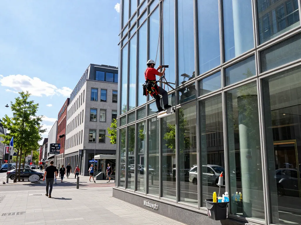 Professioneller Fensterreiniger demonstriert Glasreinigung im Raum Münster mit klaren Glasgebäuden im Hintergrund.