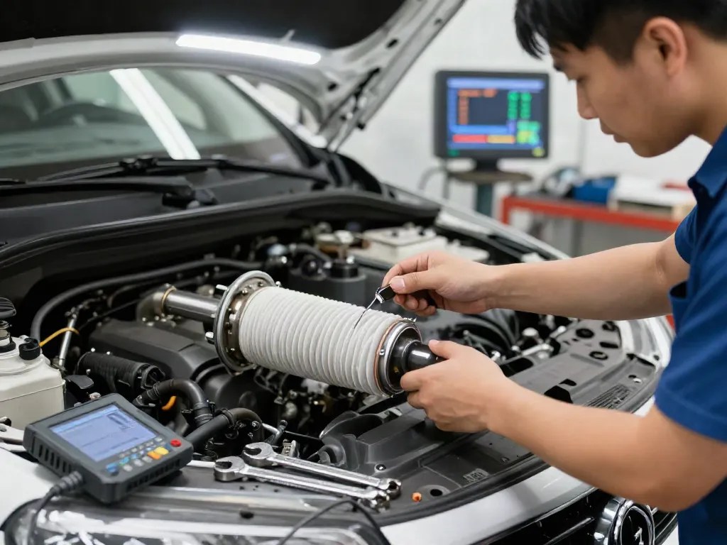 Ein Mechaniker führt eine DPF-Regeneration durch, während er das Filtersystem in einer modernen Werkstatt überprüft.