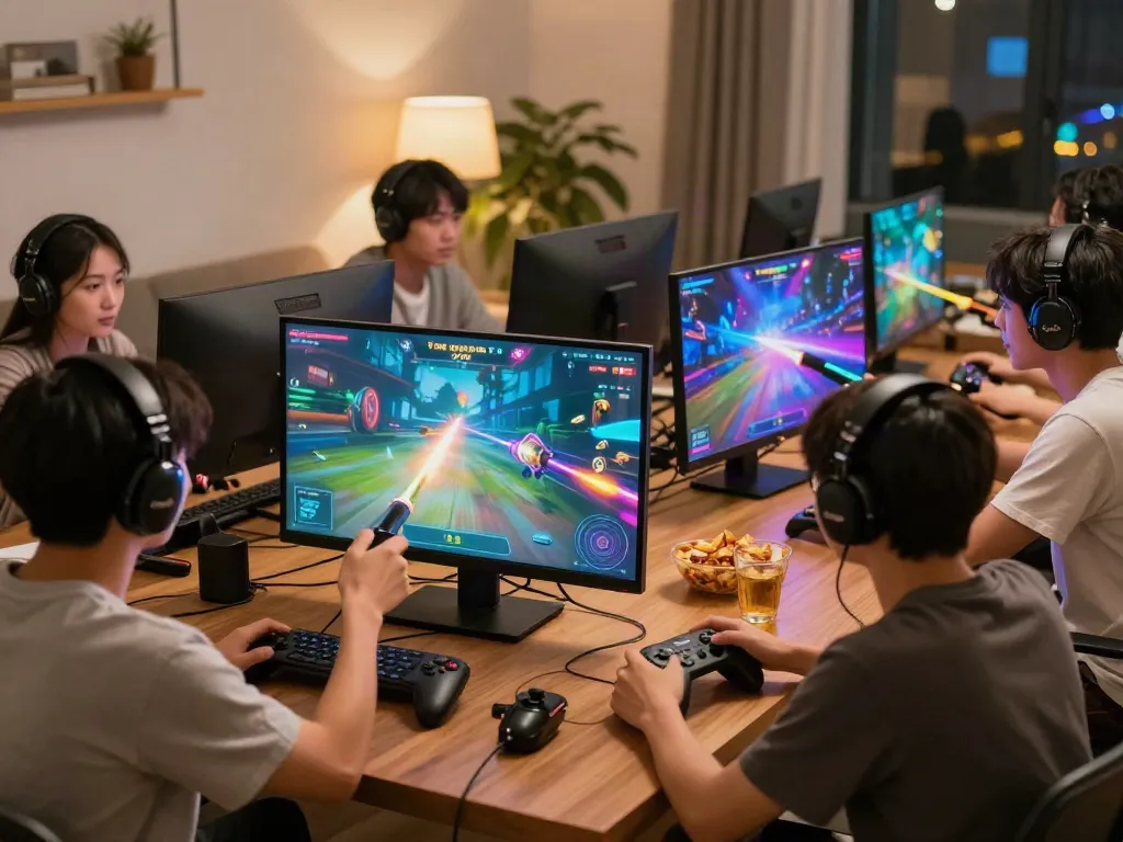 Exciting online gaming scene at home with friends enjoying TA88 casino games.
