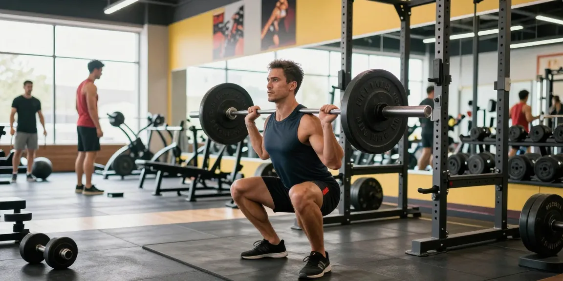 Anabolika Shop - Bodybuilder beim Squat im Fitnessstudio, umgeben von Gewichten und motivierender Atmosphäre.