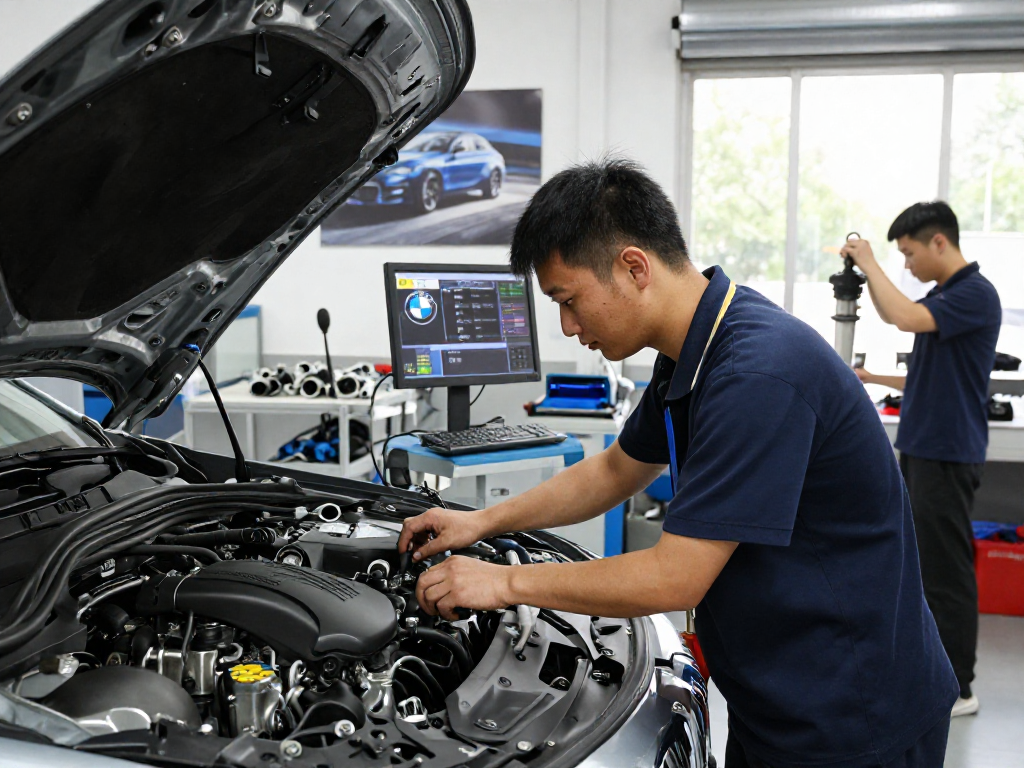 Chiptuning Hannover: Fachtechniker optimiert BMW-Motor im professionellen Werkstattumfeld.