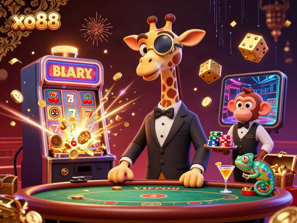 Engage in thrilling gameplay at xo88 with a vibrant 3D casino scene featuring a high-roller giraffe and lively characters.