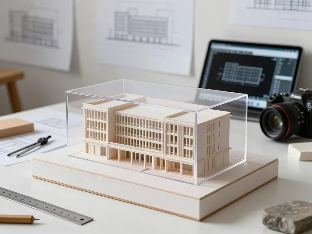 Fassadenmodell auf modernem Präsentationspodest in kreativem Studio mit detaillierten Architekturmerkmalen.