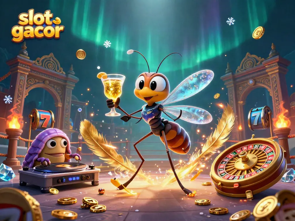 Engage with slot gacor in a detailed casino scene featuring a lively mascot and dynamic gaming elements.