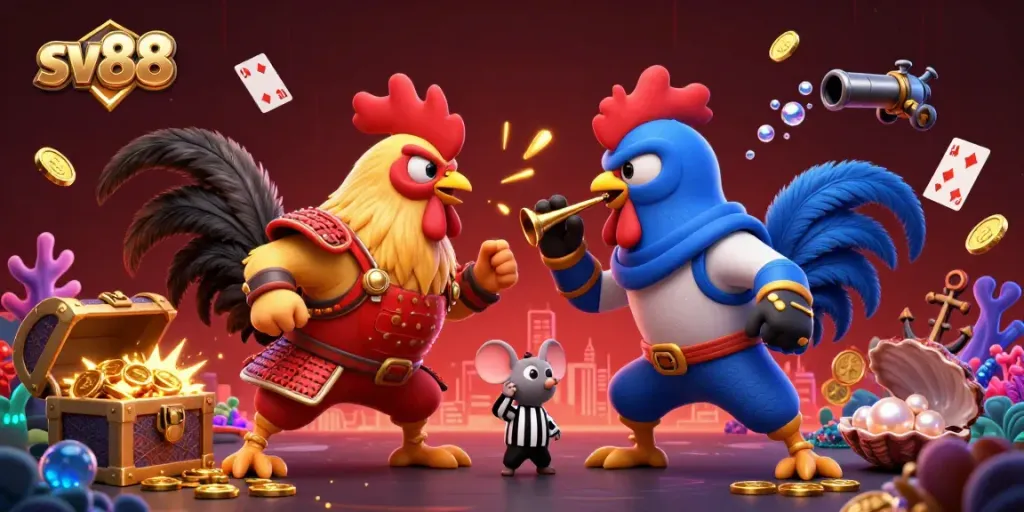 Engage in thrilling cockfighting with SV88’s dynamic gaming scene featuring roosters in battle.