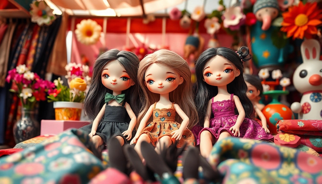 Gestalte einzigartige Gutdolls auf einem lebhaften Marktstand mit bunten Stoffen.