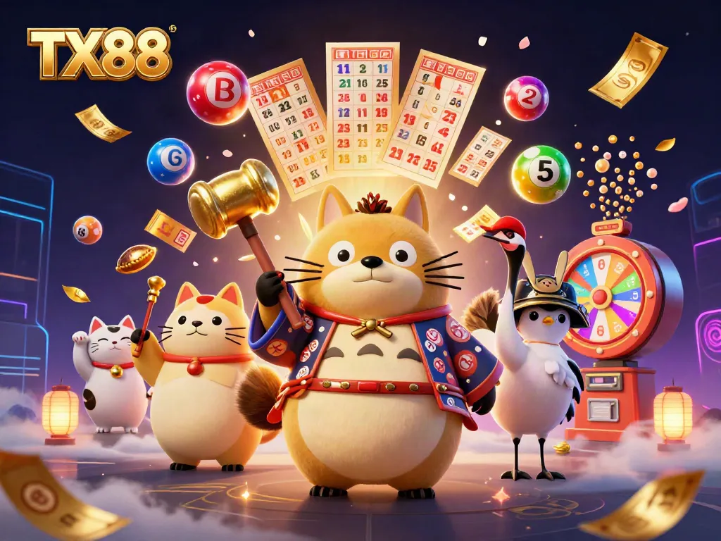 Experience excitement at TX88 with a vibrant casino-themed illustration featuring joyful characters and dynamic elements!