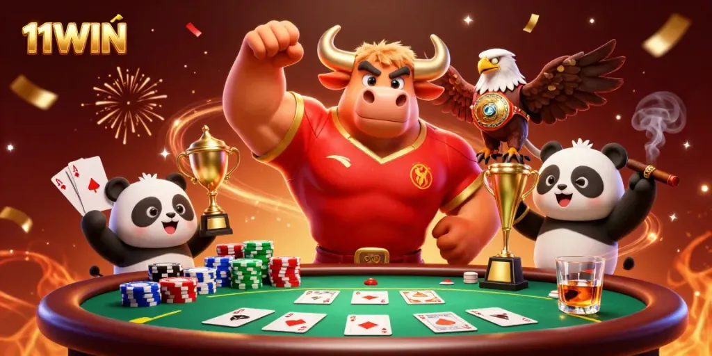 11WIN showcases a muscular bull, eagle, and panda celebrating at a vibrant poker table.