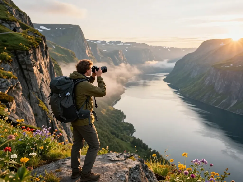 Reisetipps Skandinavien Reisender bewundert atemberaubende Fjordlandschaft bei Sonnenaufgang