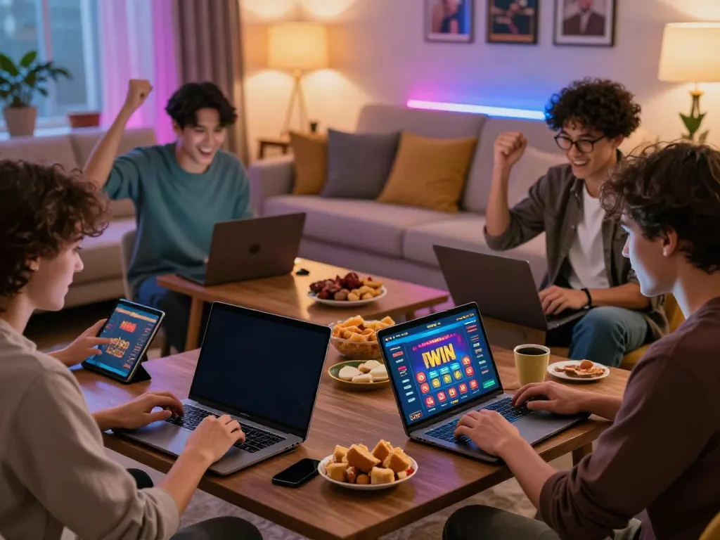 Group enjoying IWIN online casino games in a vibrant living room setting.