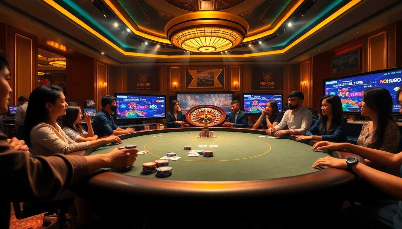 Experience the excitement of NOHU90 with vibrant casino visuals and eager gamblers.