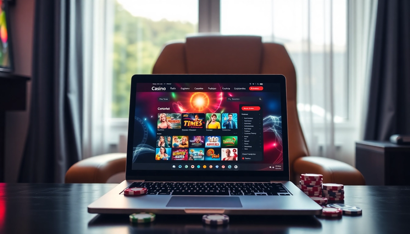 Az izgalmas magyar online kaszinó játékainak bemutatása laptopon és színes dekorációval.