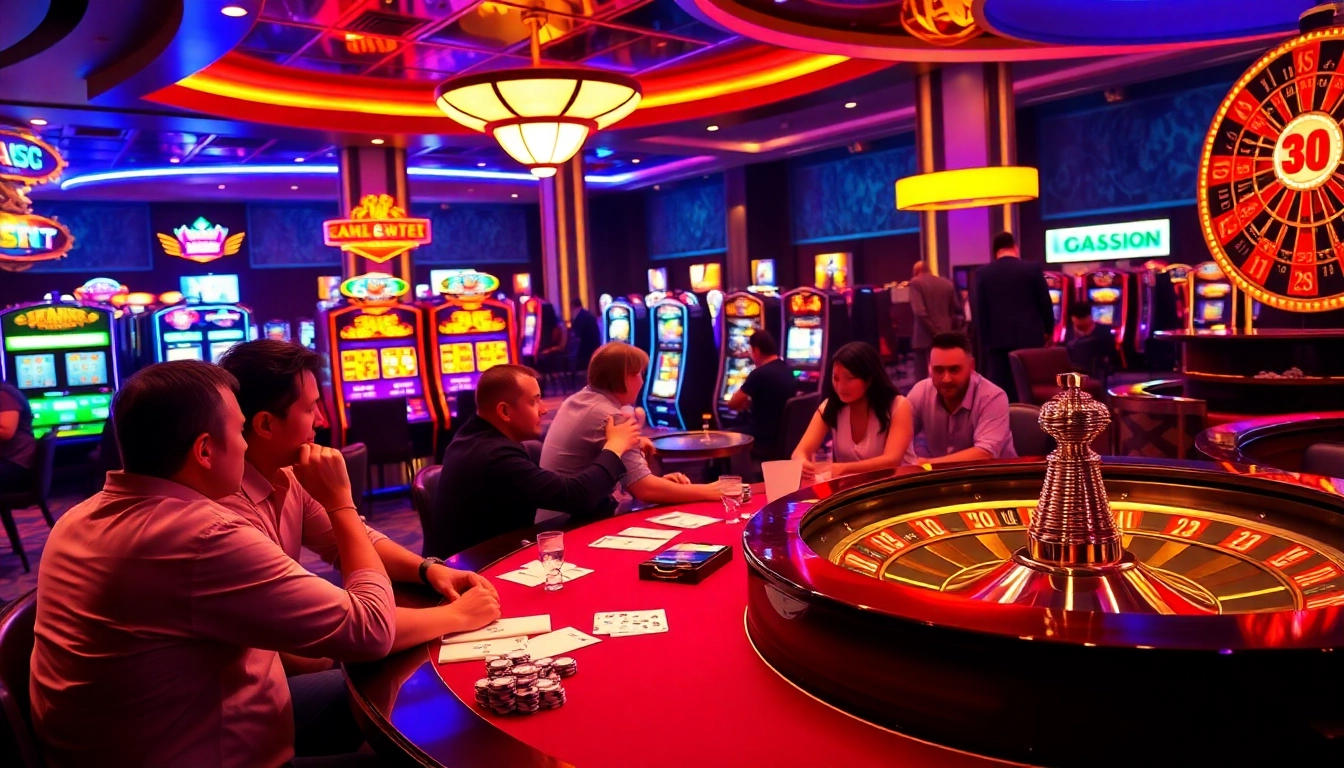 Players enjoying game bài đổi thưởng at a luxurious casino with poker tables and slot machines.