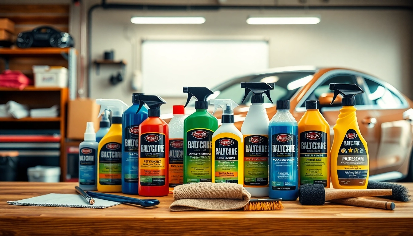 Autopflege Shop hochwertige Produkte auf einem professionellen Werkbank für Fahrzeugpflege.