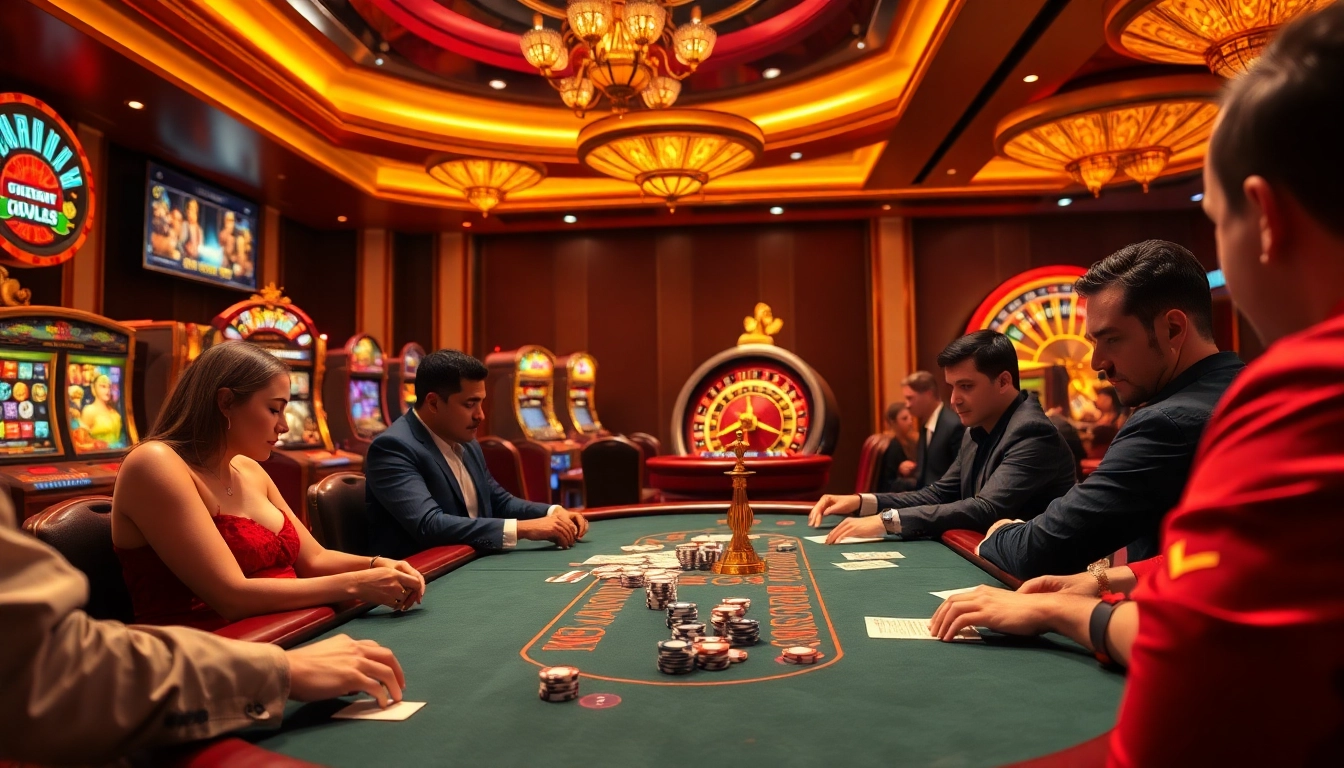 Experience the excitement of MMOO at an opulent poker table in a vibrant casino atmosphere.