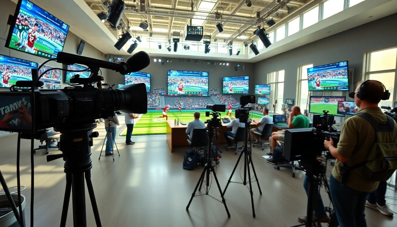 Engaging setup for Sports Broadcasting showcasing modern equipment and vibrant atmosphere.